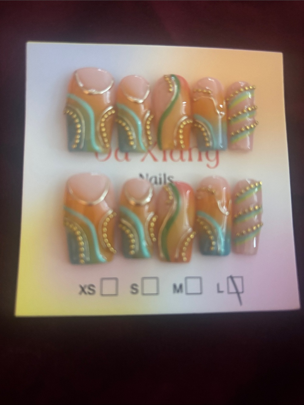 Multicolor Sculpted Press-On Nail Set - Pink, Green & Gold Accent